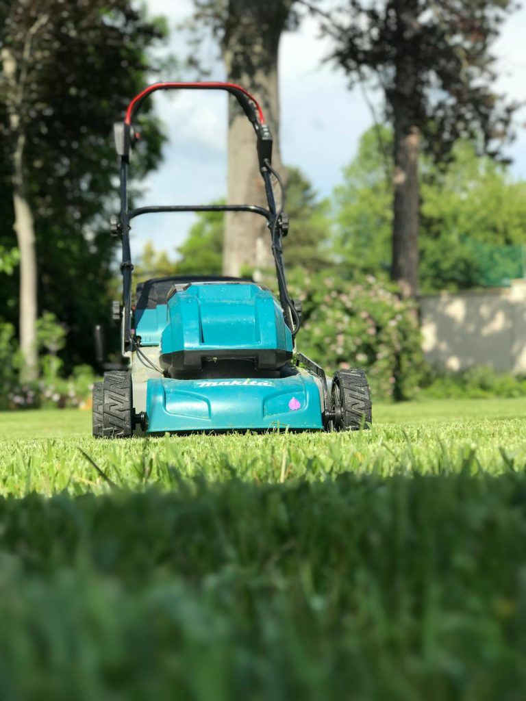 Turkoosi akkuruohonleikkuri leikatulla nurmikolla