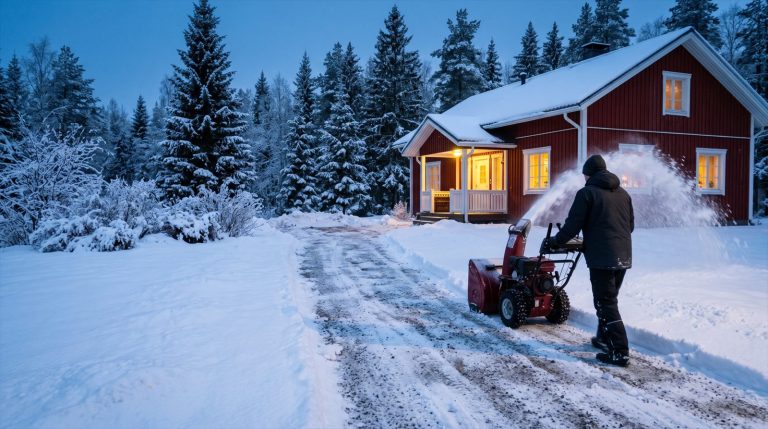 Kaksivaiheinen bensalumilinko omakotitalon pihatiellä talviaamuna